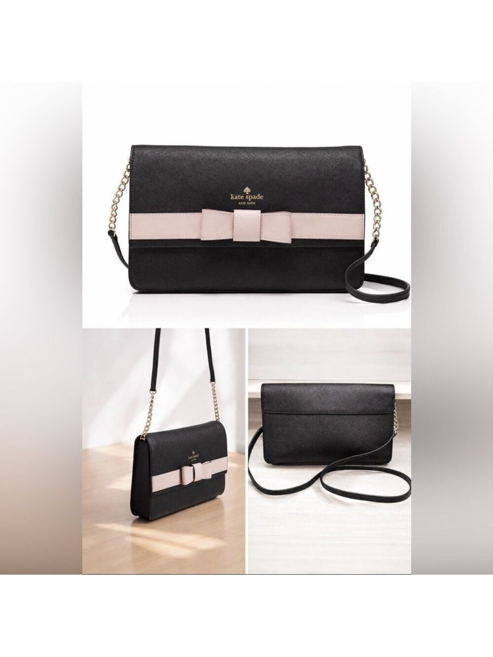Kate Spade Black & Dusty Pink Bow Crossbody Bag - Saffiano Leather Chain Strap